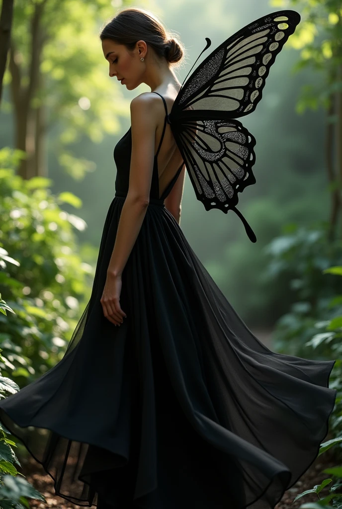 Create a sustainable dress, that represents a black butterfly