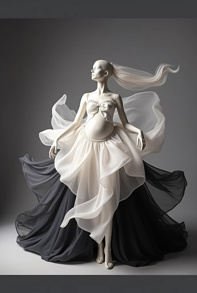 pregnent woman mannequin there is a black and white dress with a white bow on it, flowing fabric, black and white color aesthetic, flowing realistic fabric, black and white clothes, a still of an ethereal, black and white color, beautiful flowing fabric, slow motion fashion, white and black clothing, frilled blooming collar, frill, flowing dress, inspired by Hedi Xandt