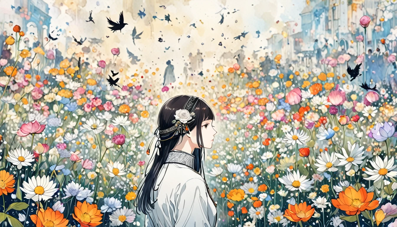 (Harry Clark (Harry Clarke) style:0.5),(Santiago Caruso style:0.7),
1 Girl,
BREAKFlower background,(The foreground of flowers:1.6),( Background blur:1.7),from_Side,Composition with people as the center,look up,(photo:1.4),(for real:1.5),middle_shooting,Looking at the audience,(Blurred foreground:1.5),