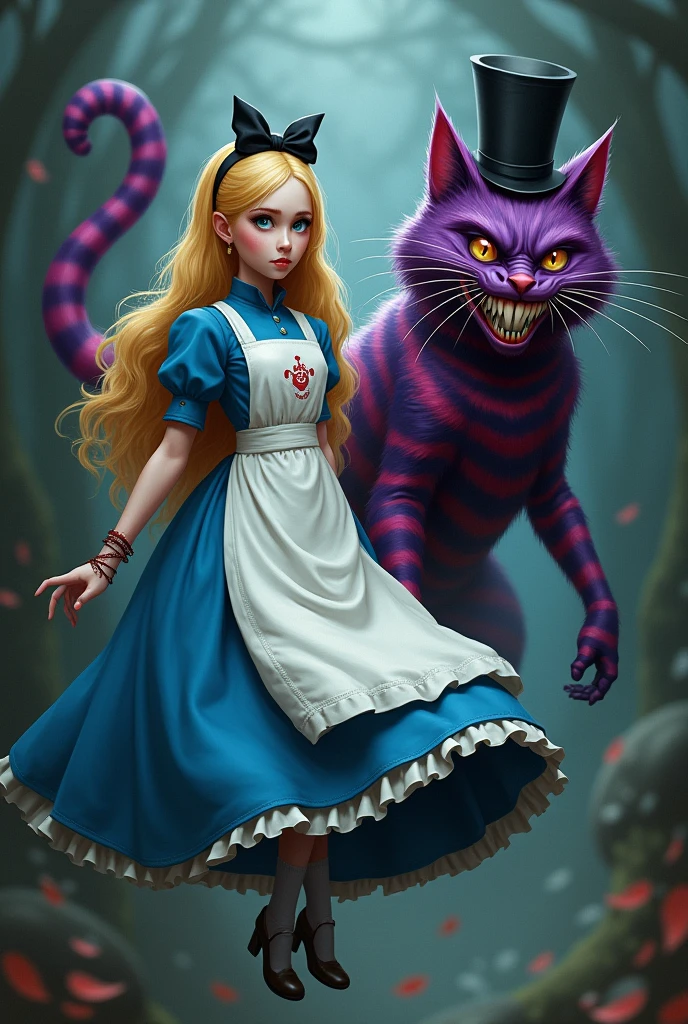 A depiction of Alice and the Smiling Cat, from alice in wonderland. As if Alice were a ninja with a blue dress and white apron that goes down to her knees, Blonde hair and a bow with the symbol of the suit of Cups and the cat as her guardian spirit, floating in mid - air, dark purple in color, striped, with a shrill, almost macabre smile and wearing a top hat