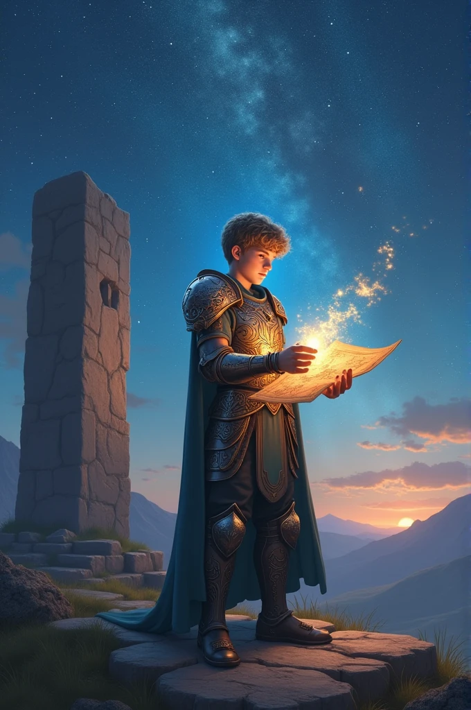 "In a magical land called Elvandor, a young warrior in armor stands on a vast plain under a sky full of stars. He is in front of an ancient stone, holding a glowing map with a mysterious glow". super realistico.