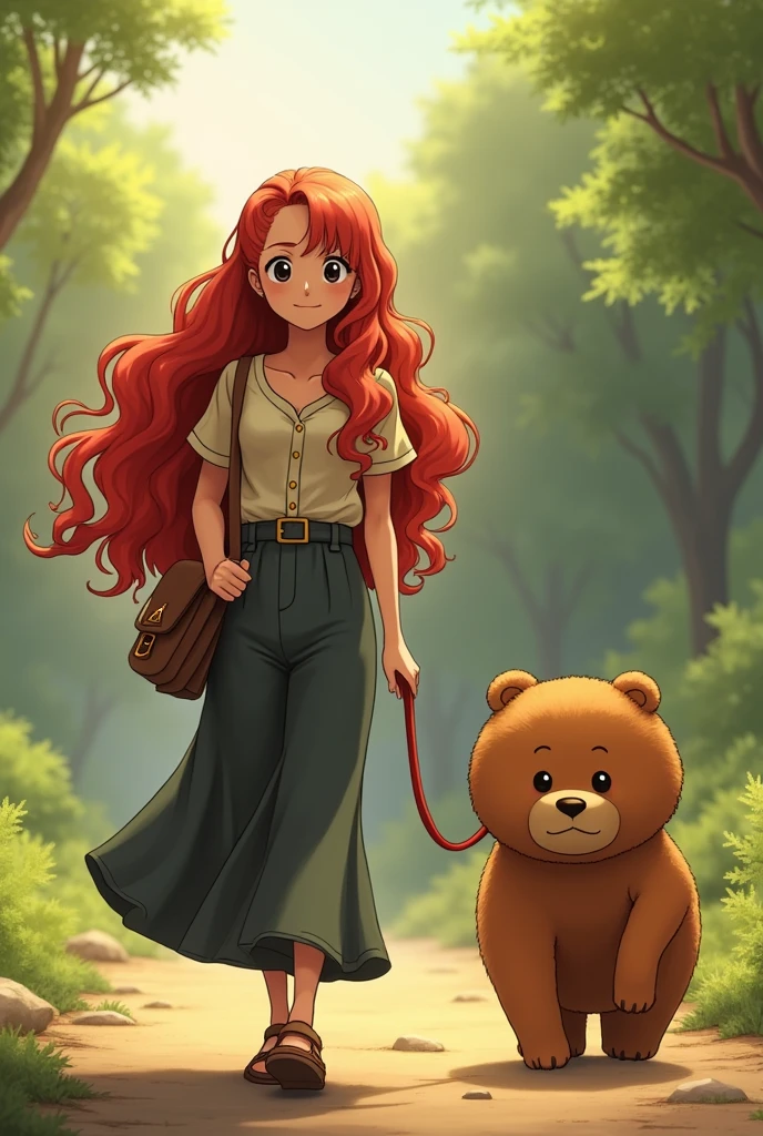 (photorealism:1.2), belle dresseuse d’ours , long curly red haïr, soft lighting, realistic,  warm colors, qui est en train de promener en laisse l ours bepo de one piece , humoristique 