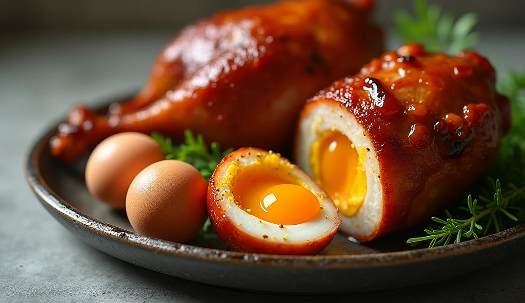 a detailed, high-quality muddy salted duck egg yolk, a roast duck, a plate of duck eggs, detailed lighting, realistic 8k, photorealistic, masterpiece, award-winning, dramatic lighting, cinematic, realistic textures, mouth-watering, ultra-detailed, hyperrealistic, award-winning food photography, professional food styling, glistening surface, wet and glossy