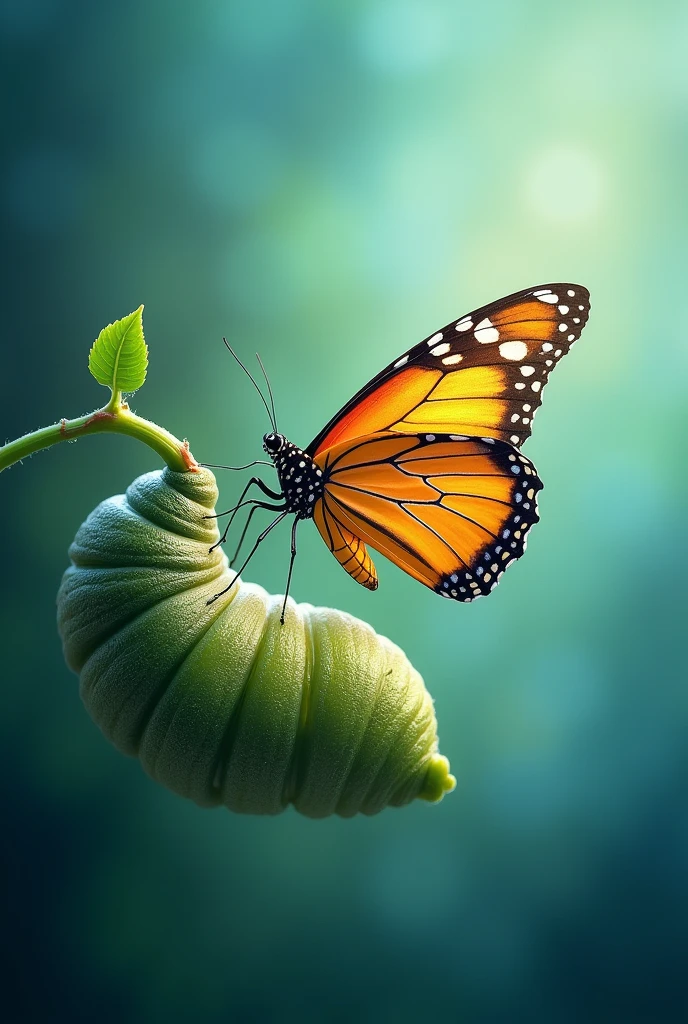 Create an inspiring eBook cover image featuring a vibrant butterfly emerging from a cocoon. The background should be smooth and ethereal, with shades of blue and green, symbolizing transformation and renewal. The butterfly must be detailed and colorful., representing metamorphosis and personal growth. 