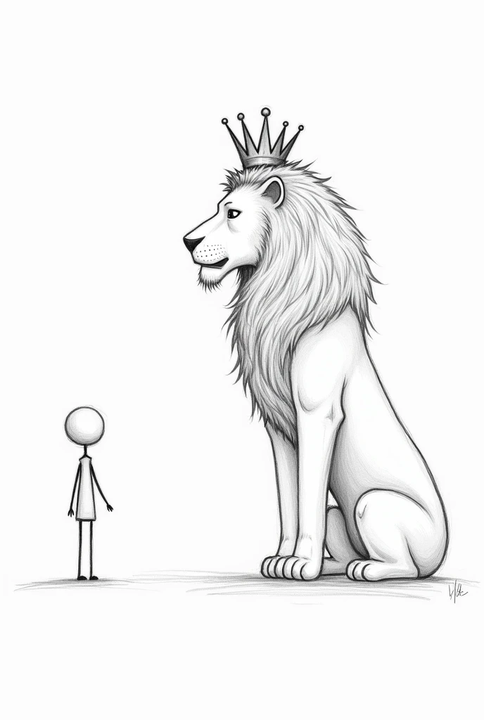 Make art as if it were drawn with a pencil, with simple dashes, that is simple to reproduce on paper, of a stick figure looking up from below, to a giant, majestic lion above him With the lion looking down!!!!
Put a crown on the lion and have the lion look at the doll.