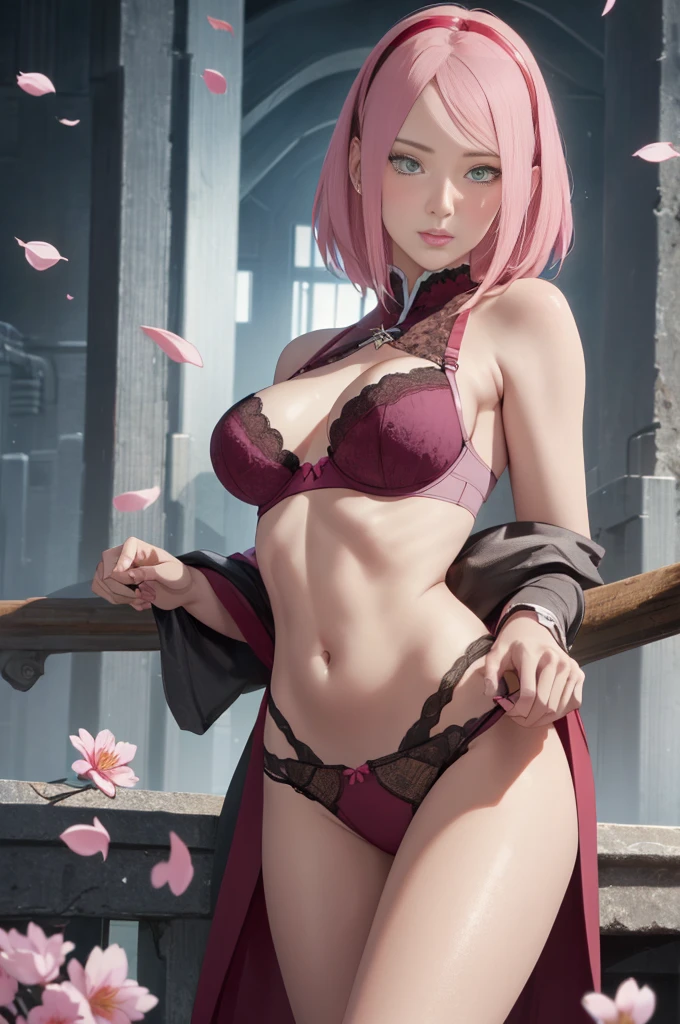 work of art, absurderes, sakura\(boruto\), 1 girl, standing alone,mature woman, gothic shirt lift, lace bra detailded linjerie, lace thong detailded lenjerie, looking at the petals), perfect composition, detailded lips, perfect chest, beautiful face, body proportion, blush, (pink lips), shorth hair, greeneyes, gentle look, detailded, photoshoot, realistic face and body, thicc thighs, provocative pose, sexy background and environment , in a full nelson position
