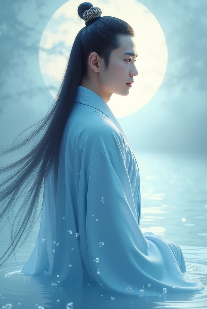 Chinese god of water calm and Attractive man with a light blue hanfu and long hair tied in a ponytail
