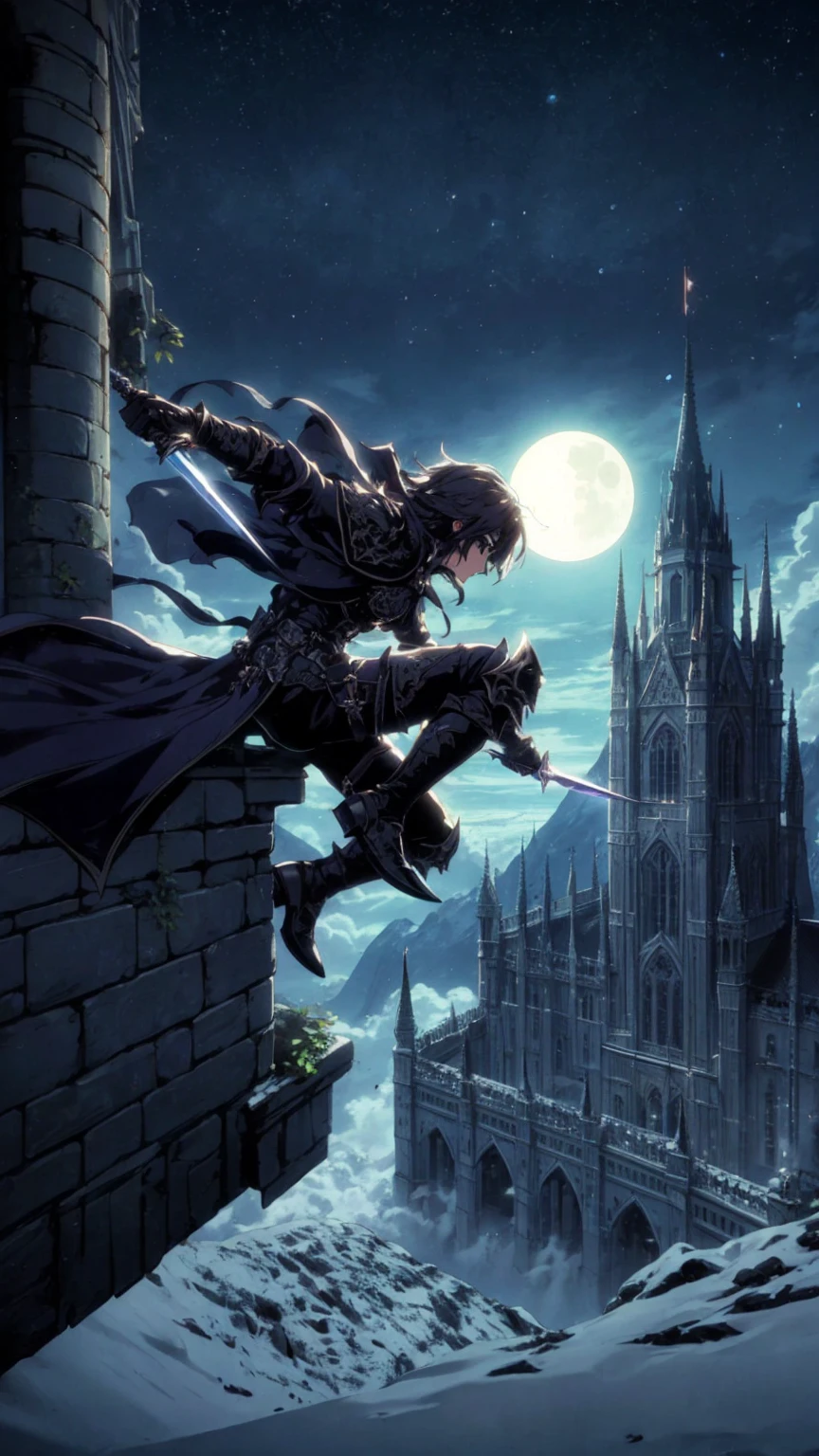 A nimble rogue, clad in sleek leather armor and wielding a pair of gleaming daggers, scales the imposing walls of a grand castle. Moonlight bathes the scene in an ethereal glow, highlighting the sharp angles of the castle architecture. The distant silhouette of a full moon peeks through the clouds, ((Best quality)), ((masterpiece)), (detailed:1.4), fighting (High Dynamic Range), Super-Resolution, ,Subsurface scattering, PBR Texturing, Post-processing,Anisotropic Filtering, Depth-of-field, Maximum clarity and sharpness, Multi-layered textures, Albedo and Specular maps, Surface shading, Accurate simulation of light-material interaction, Perfect proportions, Octane Render, Two-tone lighting, Wide aperture,Low ISO, White balance, Rule of thirds
