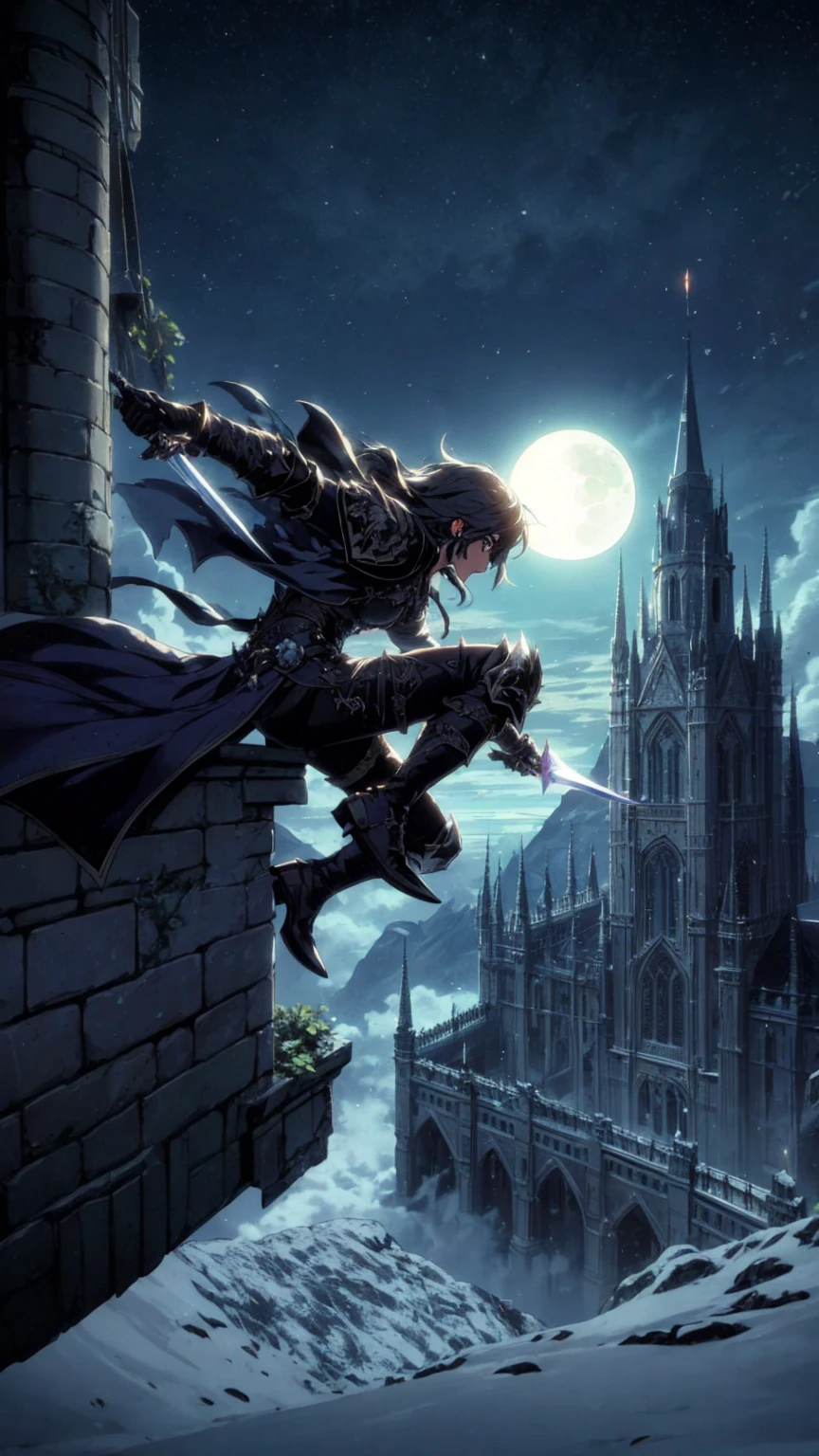 A nimble rogue, clad in sleek leather armor and wielding a pair of gleaming daggers, scales the imposing walls of a grand castle. Moonlight bathes the scene in an ethereal glow, highlighting the sharp angles of the castle architecture. The distant silhouette of a full moon peeks through the clouds, ((Best quality)), ((masterpiece)), (detailed:1.4), fighting (High Dynamic Range), Super-Resolution, ,Subsurface scattering, PBR Texturing, Post-processing,Anisotropic Filtering, Depth-of-field, Maximum clarity and sharpness, Multi-layered textures, Albedo and Specular maps, Surface shading, Accurate simulation of light-material interaction, Perfect proportions, Octane Render, Two-tone lighting, Wide aperture,Low ISO, White balance, Rule of thirds