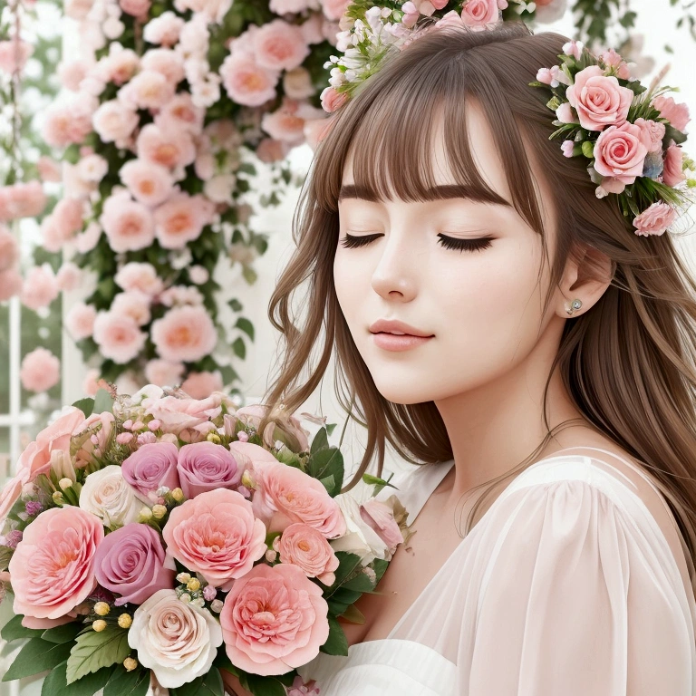 remove the flowers from the head in the photo above. increase the pergola behind. generate in pastel tones and the bouquet of flowers in stronger tones. The woman is smelling the bouquet of flowers with her eyes half closed