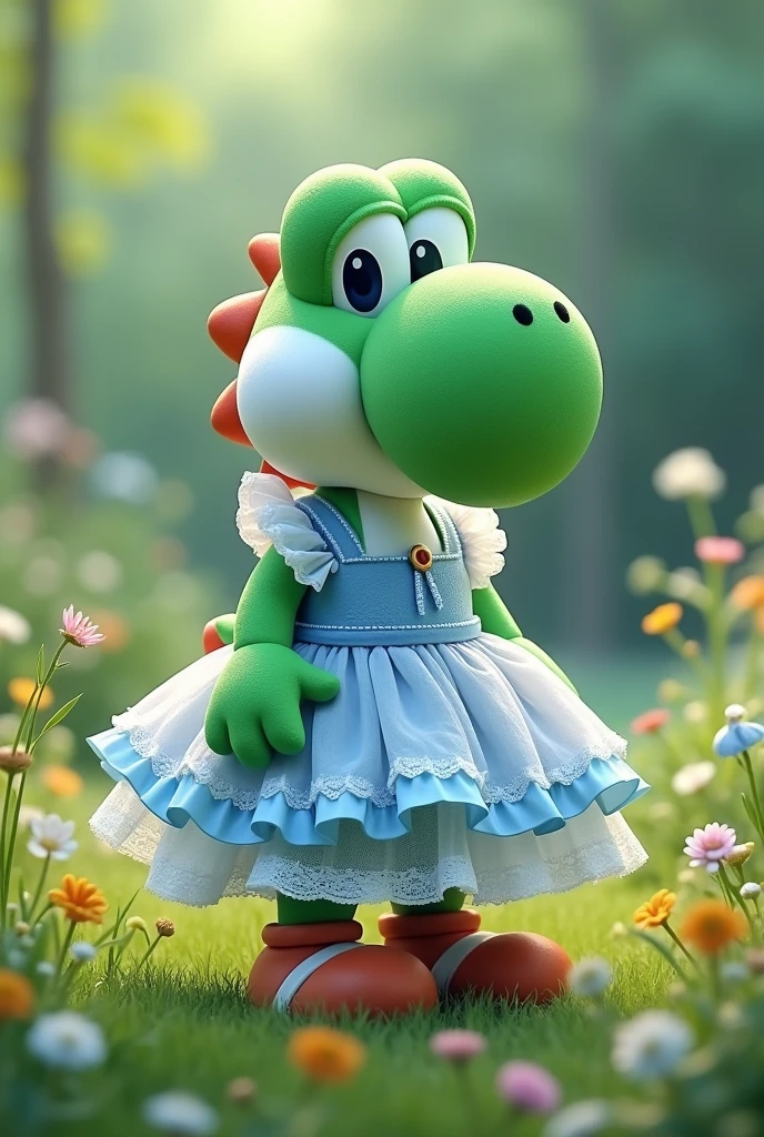 Créer moi de la yoshi qui porte une robe de ta bleu et blanc vue de loin sur un fond de couleur vert