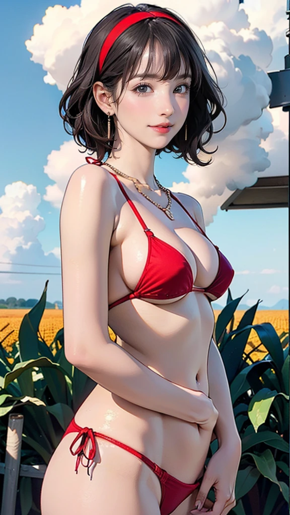 ((((Highest quality))))、(((Ultra-precision CG16K wallpaper)))、(((masterpiece)))、(((Very detailed)))、(((Extremely detailed)))、((129 year old woman:1.6))、((とてもbeautiful日本人の顔))、((vegetables々introduction:1.5))、((vy short bob hair、Blunt bangs:1.5))、(Shiny brir)、beautiful Eyes、Clear pupils、eyeliner、eye shadow、High nose、Small nostrils、Small Mouth、Seductive lips、beautiful breasts、((C cup sizts))、Cleavage、beautif、eight-hea、Perfect Proportions、Perfect Anatomy、Perfect composition、beautiful detailed shading、beautiful, Natural light、beautiful detail glow、Written boundary depth、(((High chroma)))、(((Genuine:1.9)))、((Vivid:1.5))、((beautiful Skin))、((Skin Texture))、((Genuineな皮膚感))、(((Cowboy Shot:1.6)))、((Front view、Shoot from the front、Front Low Angle:1.6))、(((smile:1.7)))、((Women are watching w your viewers、Look forward:1.6))、Bright sunlight、Natural light、(((Corn field、blue sky、cloud:1.5)))、(Fashion model posing:1.6)、(((Wine red micro bikini swimsuit:1.6)))、((hair band、necklace、Wear earrings:1.5))、