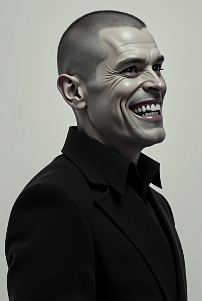, short shaved hair, eyes black, Grinning,whole body,