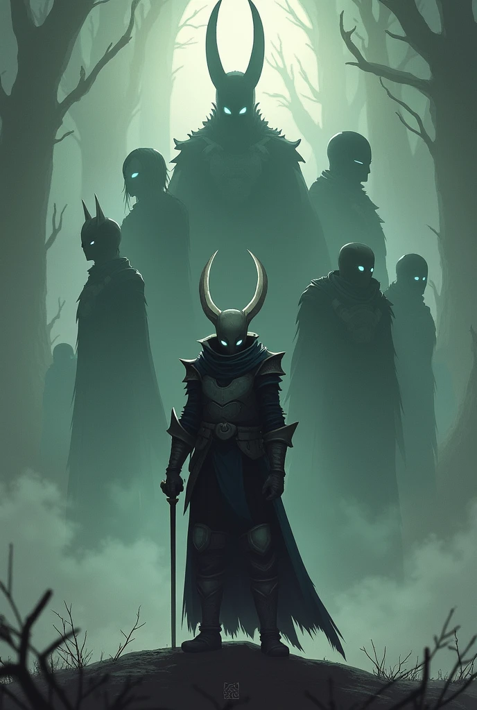 A hollow knight fanart with all the bosses of the game behind the knight