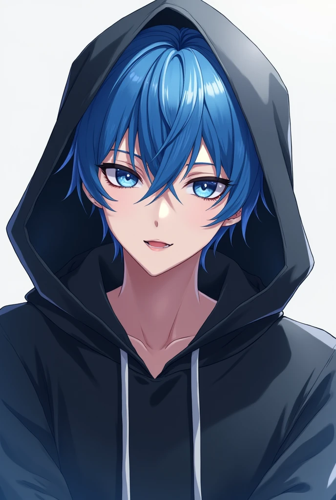 Anime male with blue hair and blue eyes smiling seductively wearing black hoodie over head