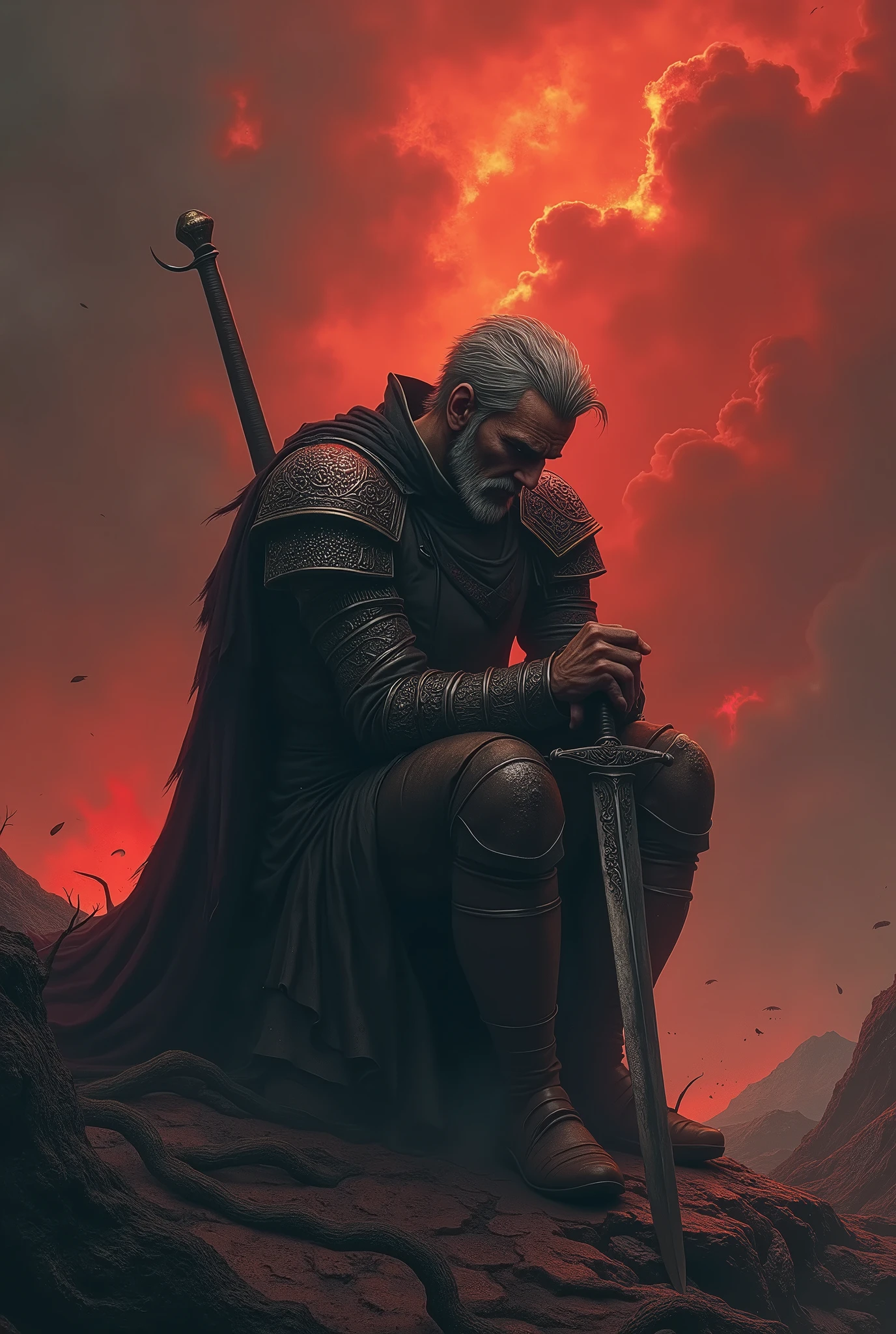 A depressed warrior sit in the hell with support oh his sword