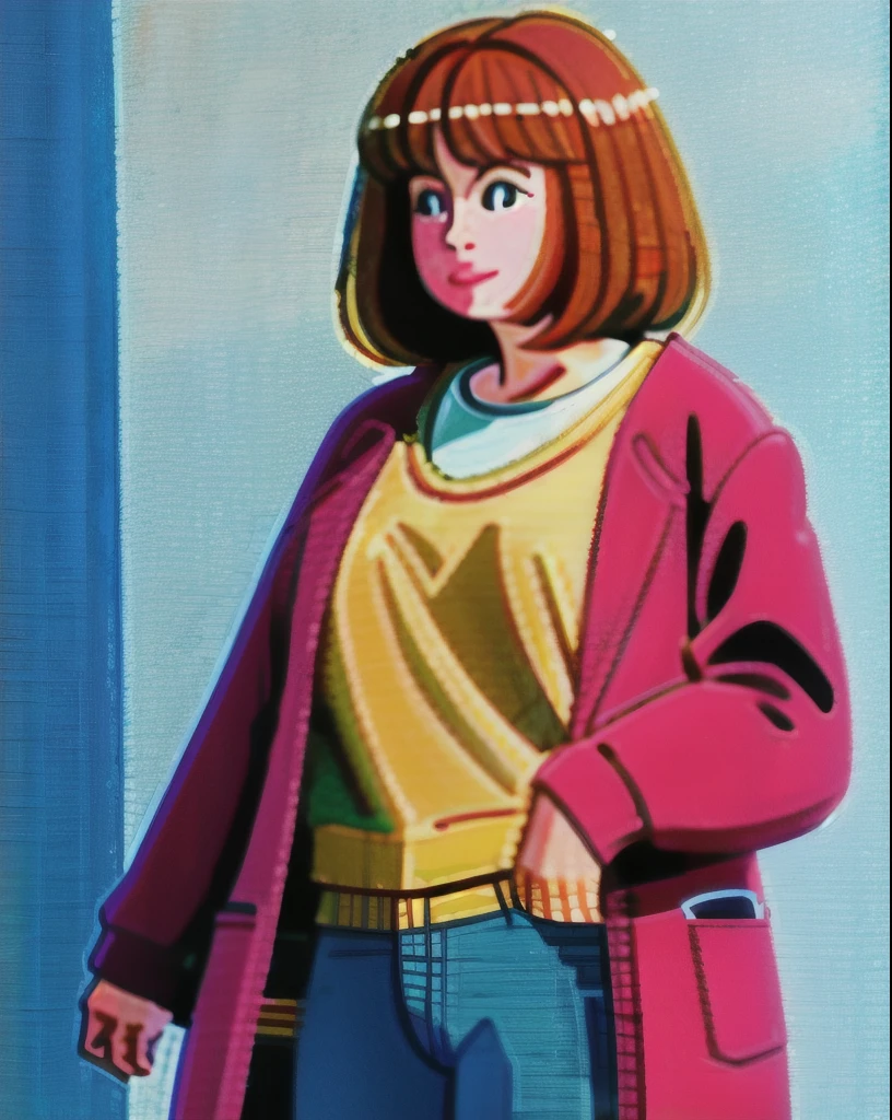 fluffy woman, in loose clothes, background red 