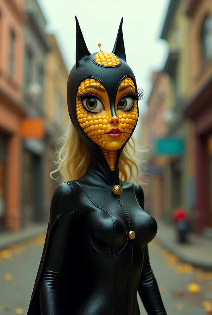 A corn with eyelashes And a tall Catwoman costume