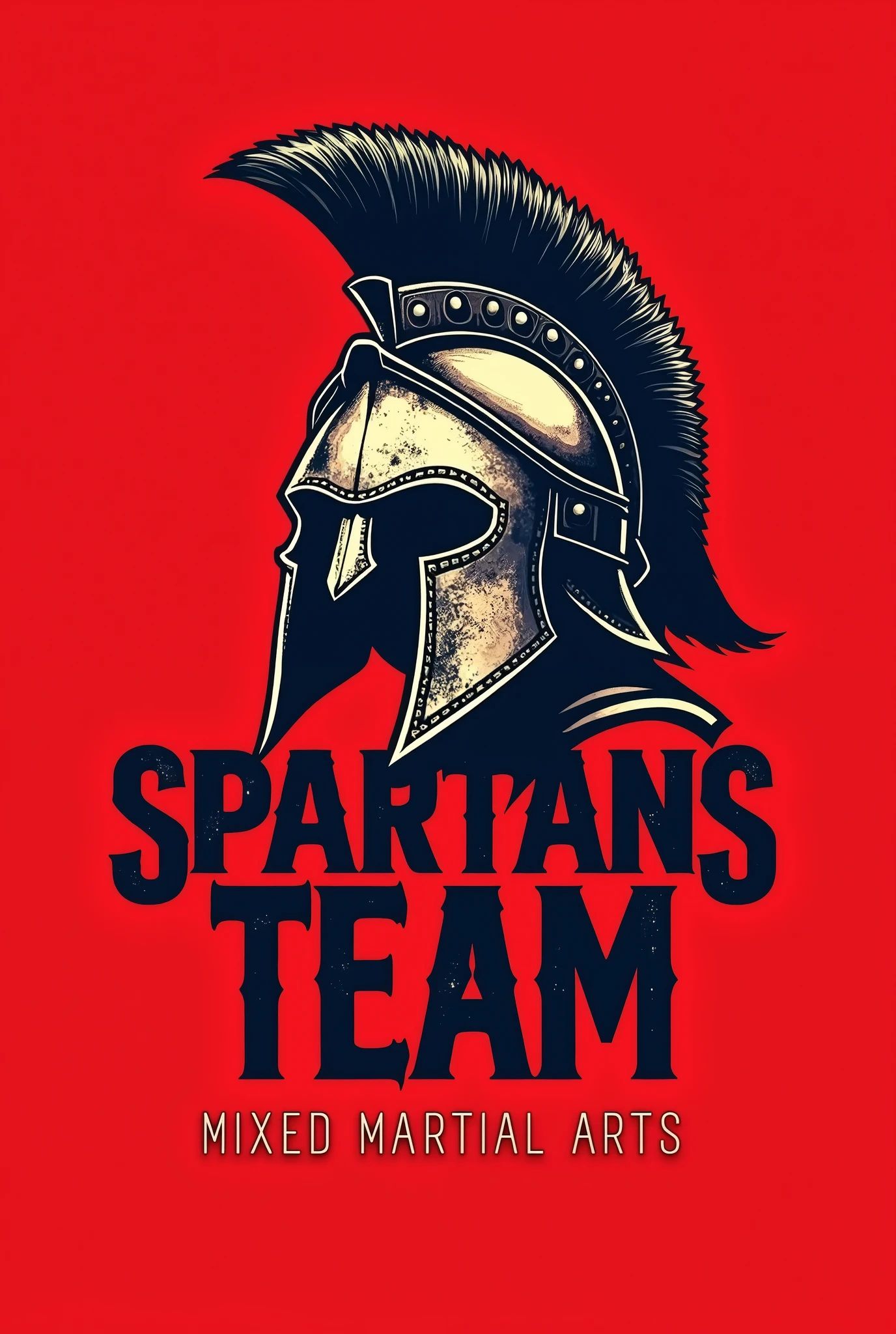 I want a logo for an MMA academy that has a Spartan helmet as an image, The school is called Spartans Team and at the bottom it says Mixe Martial Arts , I want it in red 
