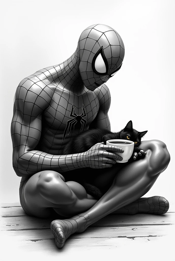 Recreate Spiderman holding a cup of coffee and petting a black cat for a grayscale tattoo
