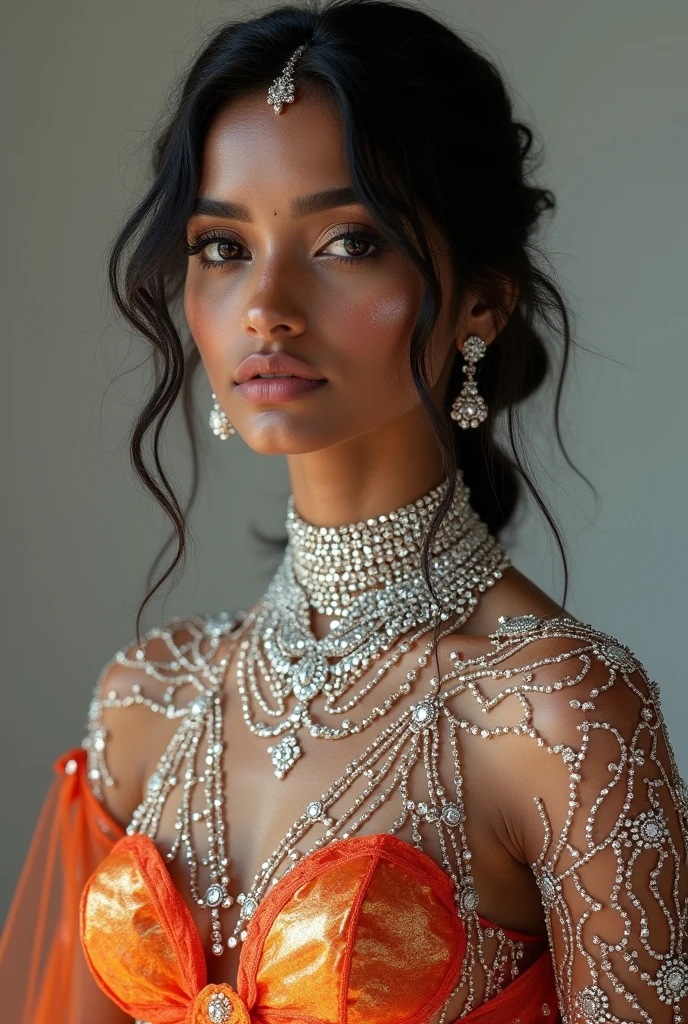 Indian tamil beautiful Pombal Create a photo by hiding diamonds all over the body A beautiful dress full photo All colored diamonds 