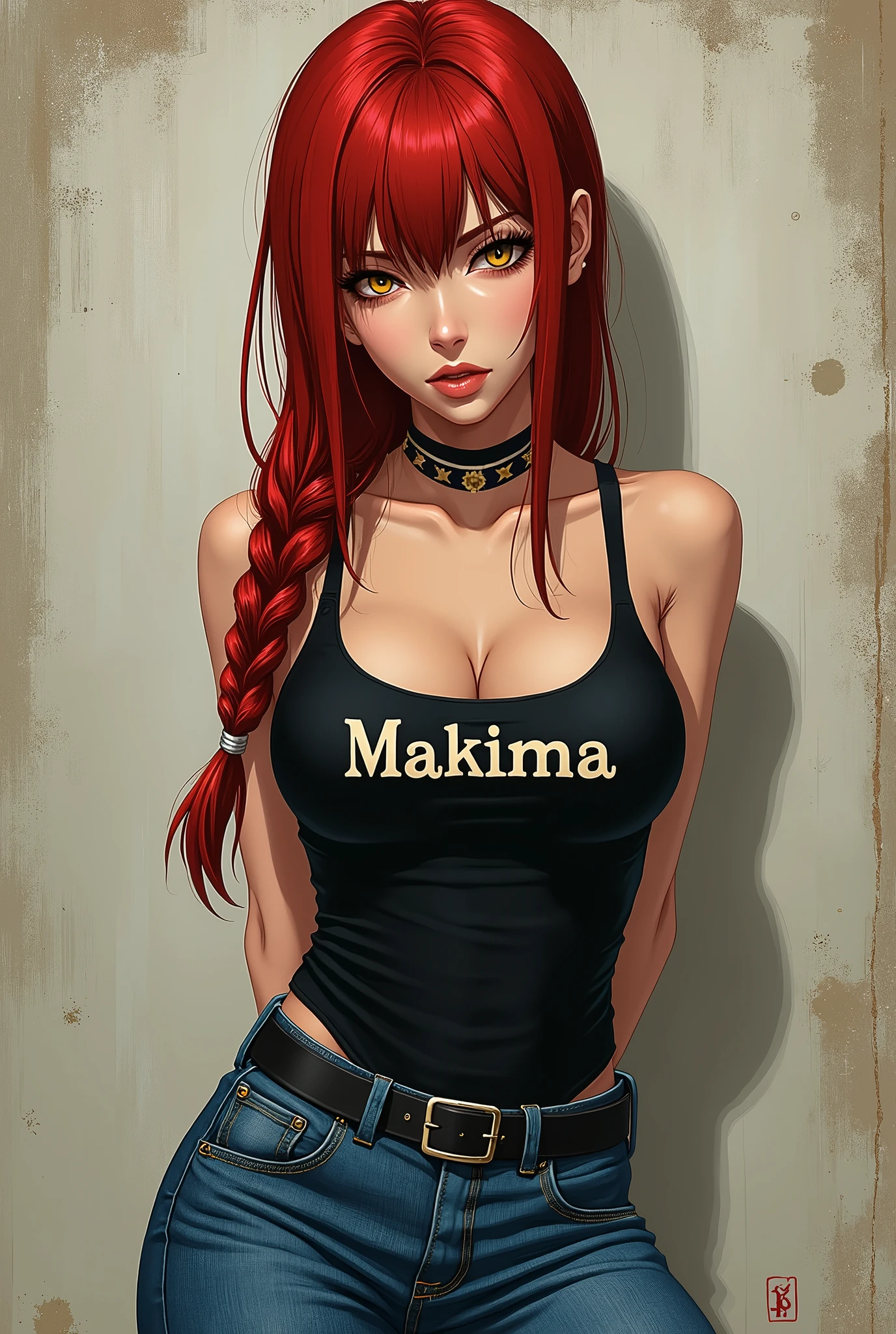 A beautiful Japanese girl, Makima from Chainsaw Man, red hair with a single braid, yellow eyes, wearing a black tank top with "Makima" written on it, black panties, arms behind back, giving a yakuza vibe, realistic, intricate details, hard colors, big breasts, cleavage
