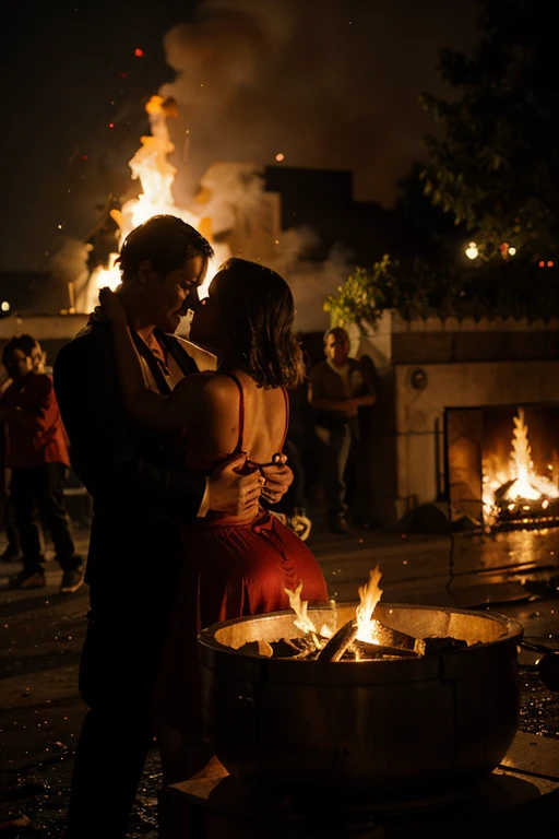 people dancing at night around a big fire doing their dark rituals