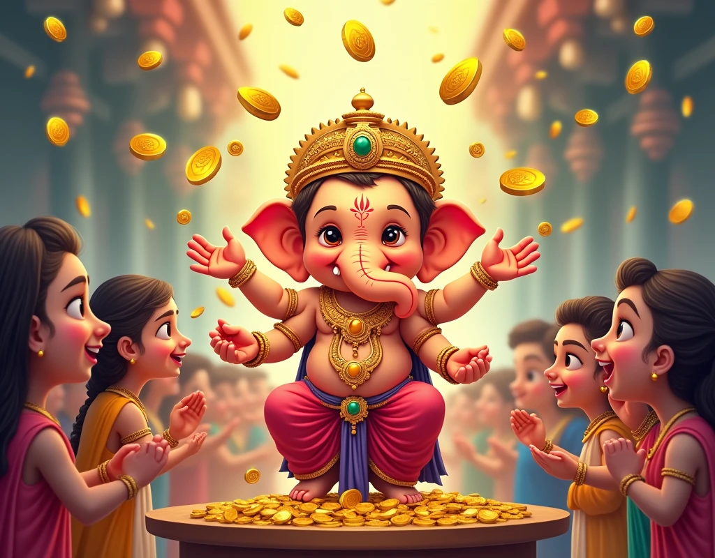 Ganapati bappa baby cartoon giving money gold people

