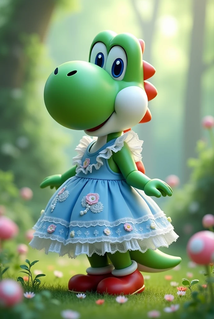 Créer moi de la  yoshi qui porte une robe de lolita bleu et blanc vue de loin sur un fond de couleur vert 