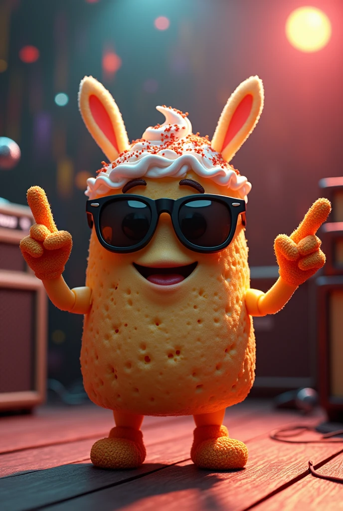 Please make a cake character that has hands and feet, and one of the hands has the rock 'n' roll sign on its head. It should also have dark glasses.
