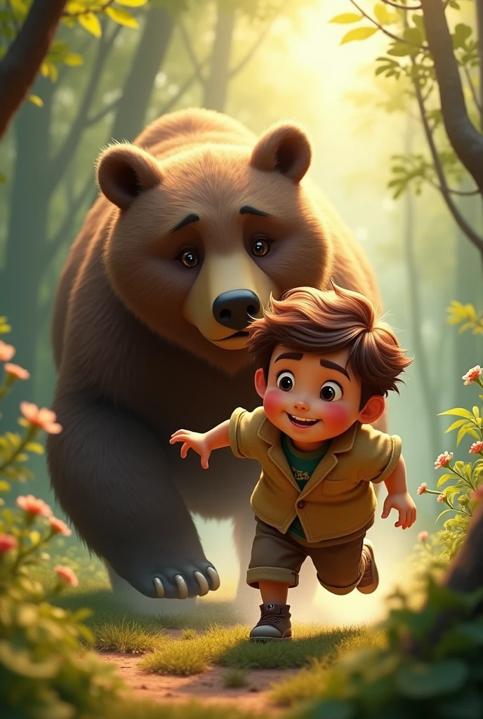(masterpiece:1.2, Highest quality, Ultra-high resolution, Very detailed, Realistic, RAW Photos:1.2, Elaborate photos), 8k, wallpaper, (Ray Tracing), (Child wearing a safari outfit riding a sun bear with a distinctive golden chest mark), (Lush tropical jungle with towering trees, vines, and exotic flowers, sun rays breaking through the canopy), (Colorful parrots and monkeys playfully swinging from branches, the bear navigating through thick foliage), A photo that captures the excitement and wonder of a child exploring a vibrant jungle on the back of a sun bear, surrounded by the beauty and diversity of the rainforest.