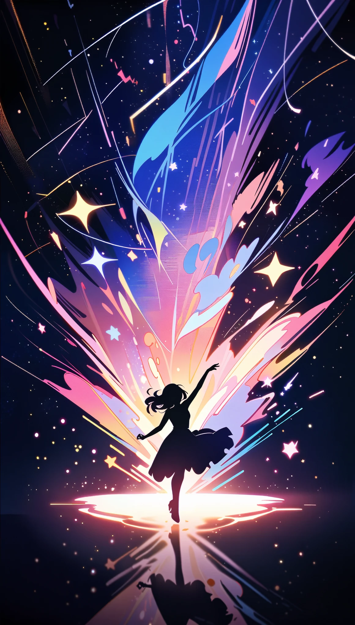 A girl is dancing acrobatically in the starry sky, surrounded by constellations, on black background, white stars and lines forming constellations around her silhouette, light art installation style, high resolution, dreamy effect, fantastic scenery, minimalist design. --ar 3:4 --niji 6, 