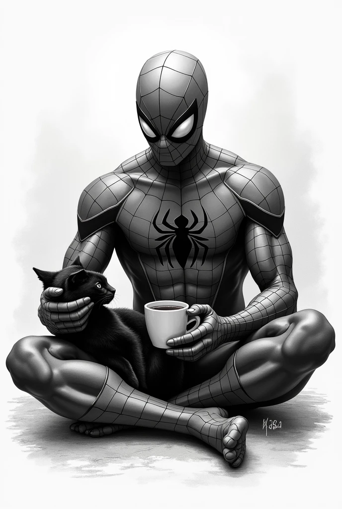 Recreate Spiderman holding a cup of coffee and petting a black cat for a grayscale tattoo 