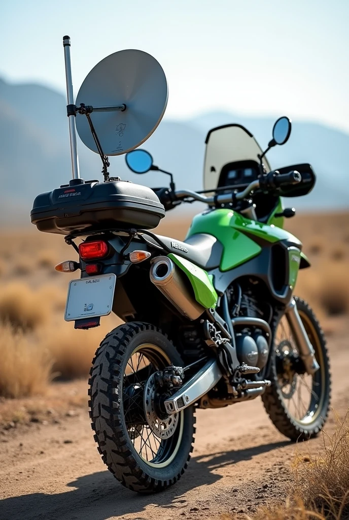 KLR motorcycle with a Starlink antenna in the trunk