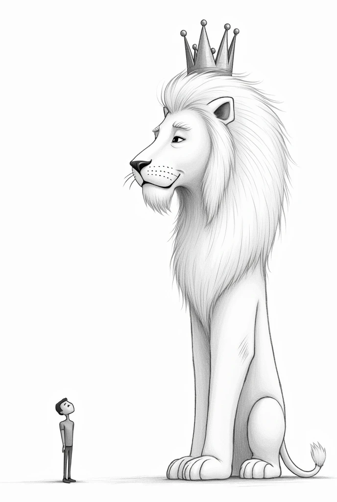 Make art as if it were drawn with a pencil, with simple dashes, that is simple to reproduce on paper, of a stick figure looking up from below, to a giant, majestic lion above him With the lion looking down!!!!
Put a crown on the lion and have the lion look at the little doll, being bigger than him