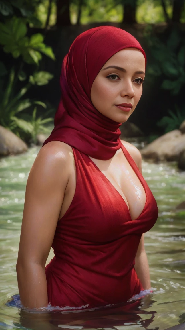 close-up portrait of a beautiful woman in hijab bathing in a river, wearing red net dress, big breast, showing large cleavage, reeds, (backlight), realistic, masterpiece, high quality, lens reflection, shadow, flower, [[chromatic aberration]], by Jeremy Lipking, by Antonio J. Manzanedo, digital painting,