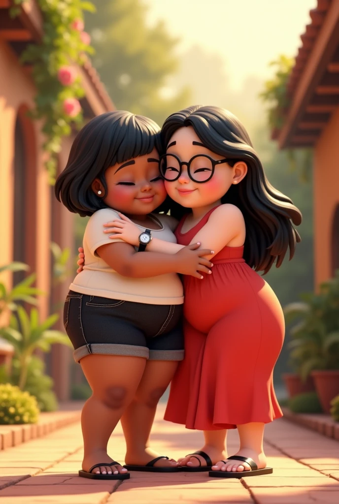 Create Disney Pixar Image, two friends hugging 3d a chubby one, brunette skin, black short hair, white blouse and black denim shorts, flip flop, relogio no pulso, And the other woman, skinny, Caucasian skin, hair long black, Eyeglasses, redgown, black sandal, Bracelet & Watch