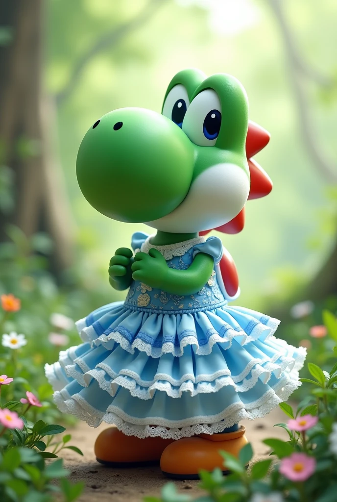 Créer moi de la yoshi qui porte une robe de ta bleu et blanc vue de loin sur un fond de couleur vert
