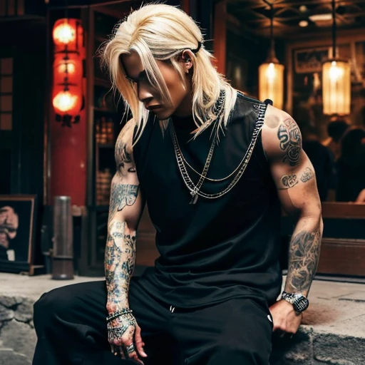 1 man, Japanese man, male, Asian eyes, muscular, broad shoulders, yakuza tattoos, hairstyle Visual Kei style, hair Visual Kei, black men's shirt and black pants, ultra detailed face, hyperrealistic, realistic representation, long hair, long hair, 30 years old, age 30 years, blonde hair, full body view