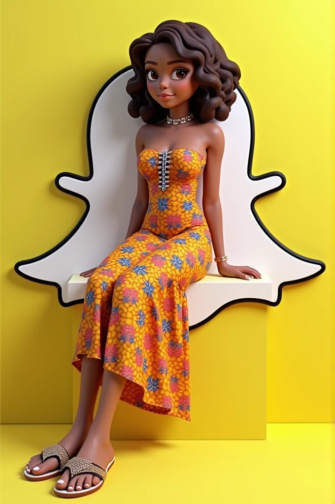 3D illustration of a female character with light brown skin,curly hair with lighter highlights at the ends,shoulder-length cut, The character must wear a long, Printed, strapless corset style dress with straight straps tied with padding at the bust,flat sandal with laces and rhinestones,she is sitting casually on top of a social media logo *snapchat *,the background of the image is a social media profile page,this'sa profile picture as the character.