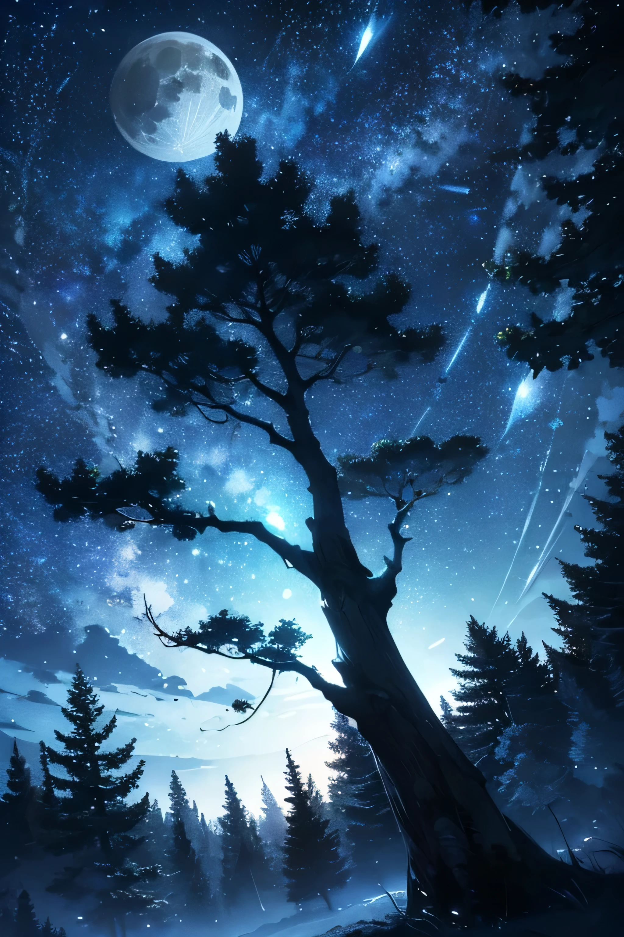 a beautiful night sky view from beneath the branches of a tree, detailed stars and moon, moonlight shining through leaves, photorealistic, dramatic lighting, magical atmosphere, serene landscape, highly detailed, 8K, HDR, cinematic composition