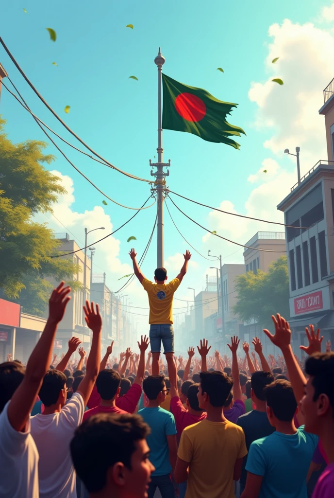 Bunch of people standing on street and celebrating victory and in the middle of the street there were a longest iron stand and one man holding the bangladesh 🇧🇩 national flag at the top of that iron stand