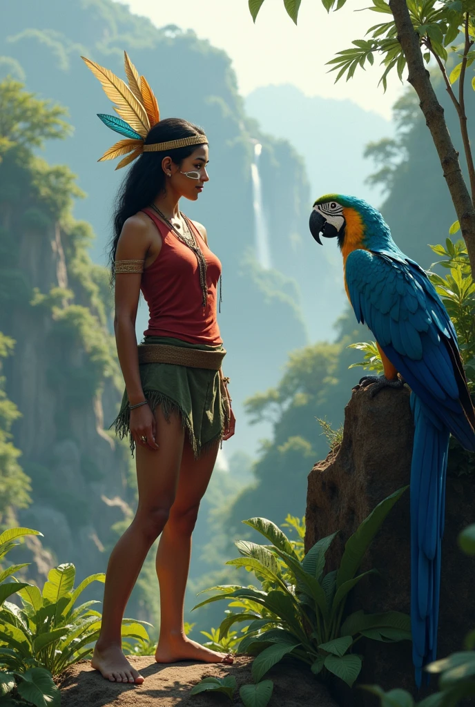 A beautiful Brazilian Indian, indigenous to the Americas and not African, characterized by simple clothing, an old reddish t-shirt for orange and not pink , face painted like an Indian and a headdress with only 3 feathers, beautiful worked legs, Very realistic, a little dirty with earth, with a very cute and passionate face and an athletic body, with a blue macaw on a very high peak in the Amazon rainforest from where you can see the river and a waterfall, but the river must run on a plain, The woman must necessarily be facing forward and slightly crouched, performing a movement and a little sweaty and standing out, although among tropical bushes..