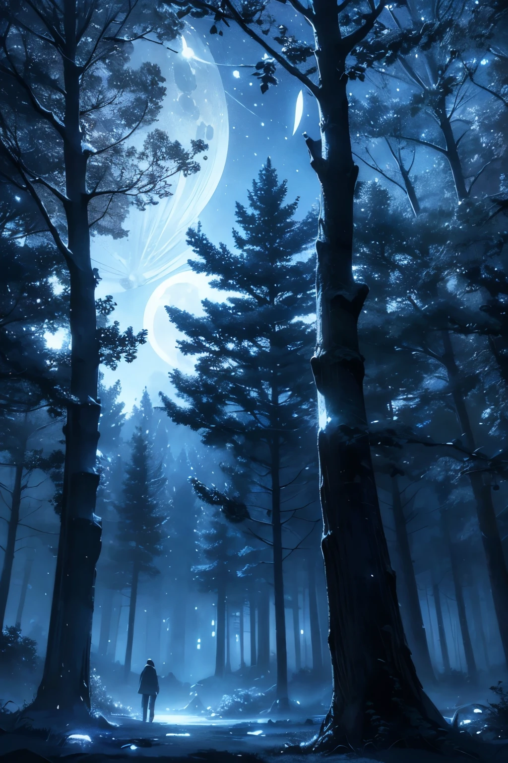 a beautiful night sky view from beneath the branches of a tree, detailed stars and moon, moonlight shining through leaves, photorealistic, dramatic lighting, magical atmosphere, serene landscape, highly detailed, 8K, HDR, cinematic composition