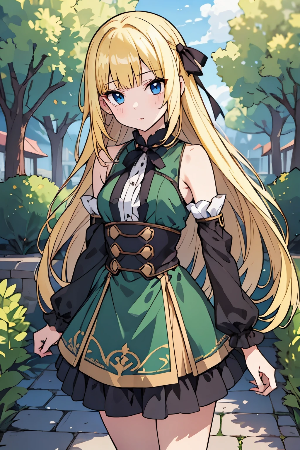 fairy_tail_style, Safe for work, solo girl, (young female body:1.4), (medium small breasts), golden yellow hair, extra long hair, extra long disheveled yellow hair, hime cut, light blue eyes, round eyes, cowboy shot, dynamic posing, medieval town background, standing beside fountain, cobble pathway , trees and bushes, dark green outfit, black details, green amd black griffin style dress, dark green dress, stockings, detached sleeves, black ribbons in hair, multiple layered skirt, ruffled black skirt, cut off sleeves