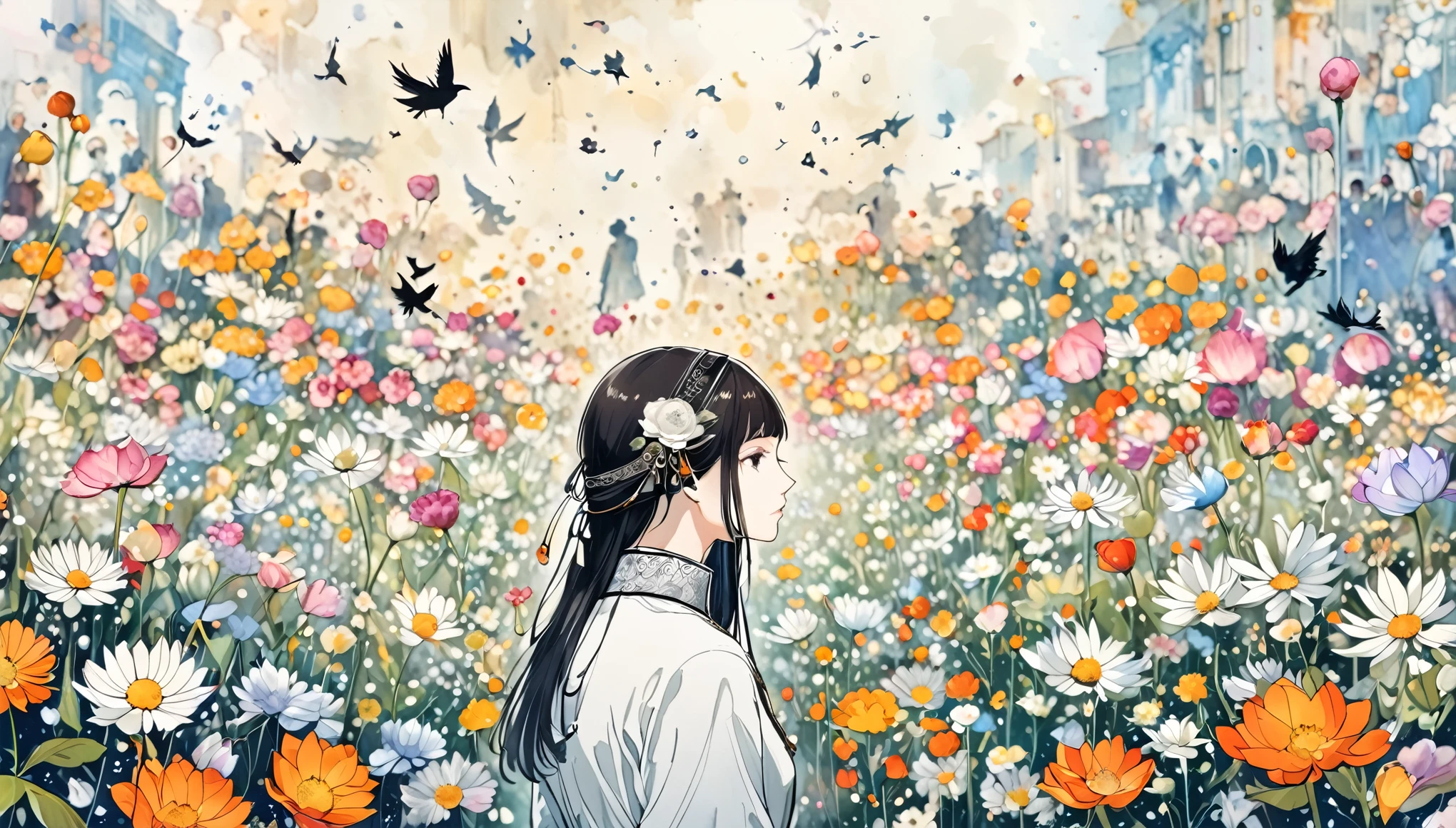 (Harry Clark (Harry Clarke) style:0.5),(Santiago Caruso style:0.7),
1 Girl,
BREAKFlower background,(The foreground of flowers:1.6),( Background blur:1.7),from_Side,Composition with people as the center,look up,(photo:1.4),(for real:1.5),middle_shooting,Looking at the audience,(Blurred foreground:1.5),