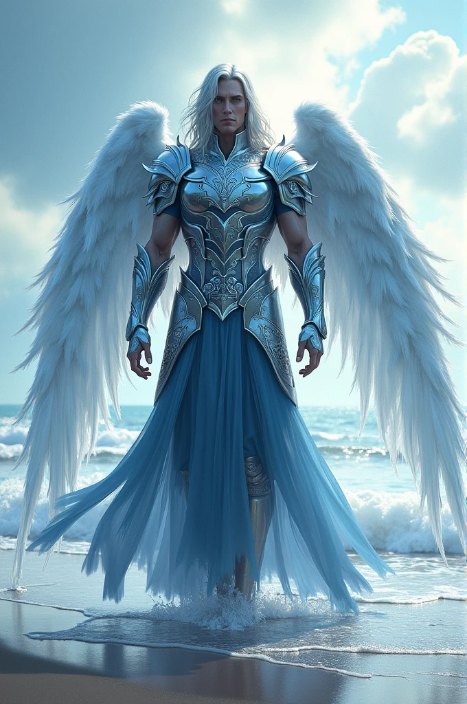 Man with long silver hair, silver and navy blue armor, wings made of water, beach background