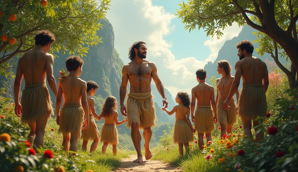 Create a realistic image of Adam, the first man according to the Bible, reunited with their descendants in a lush prehistoric environment. The scene should capture Adam in a vibrant garden, surrounded by various representations of his sons and daughters, reflecting the diversity and vitality of humanity. The fund must include fruit trees, colorful flowers and a radiant sky, symbolizing the abundance of creation. The descendants of Adam must be dressed in simple clothes, made from natural materials, interacting with each other, playing and exploring the nature around, conveying a sense of harmony and family unity.