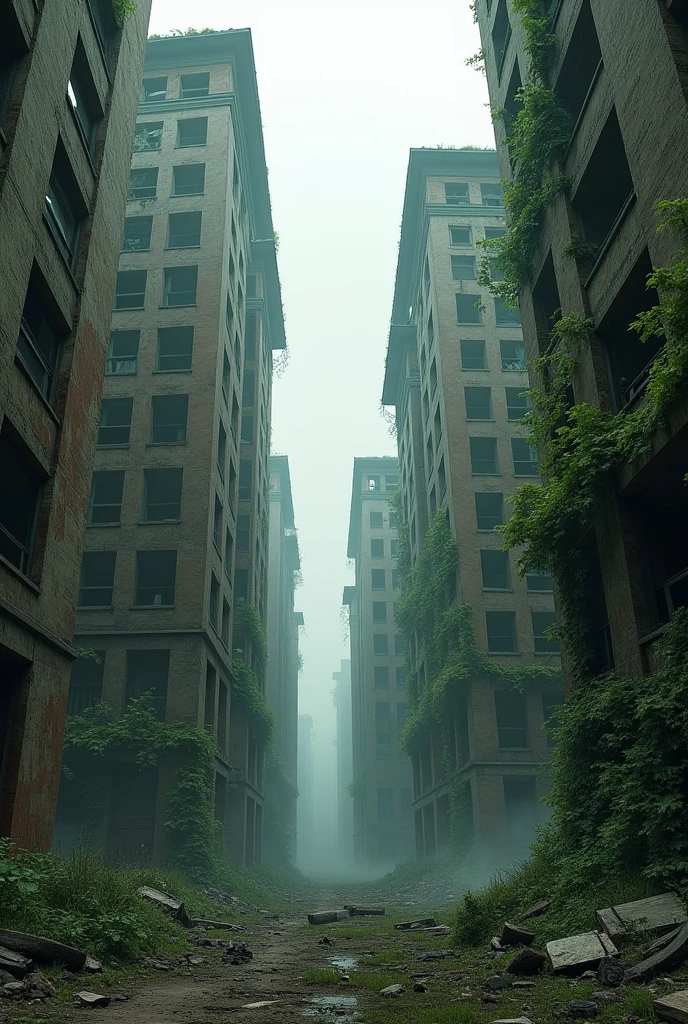 Surreal abandoned buildings, fallen into ruin，broken，Armageddon，Dilapidated buildings，Buildings invaded by plants，big city