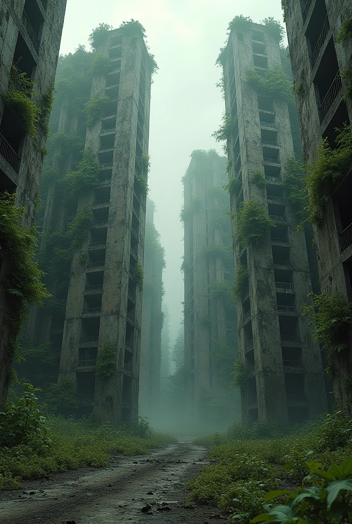 Surreal abandoned buildings, fallen into ruin,broken,Armageddon,Dilapidated buildings,Buildings invaded by plants,big city